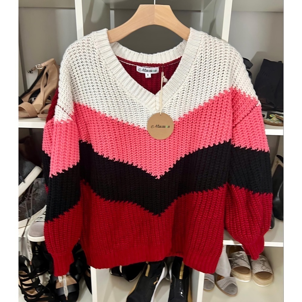 New! V Neck Pink Multi Puff Sleeve Oversized Chevron Sweater! - Picture 7 of 10